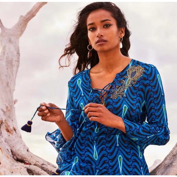 NWT Disney x Figue Women's size Large Ameena Aladdin Beaded Blue Silk Top - Picture 1 of 12